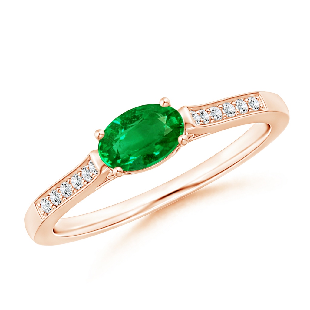 6x4mm AAAA East West Oval Emerald Solitaire Ring with Diamonds in Rose Gold