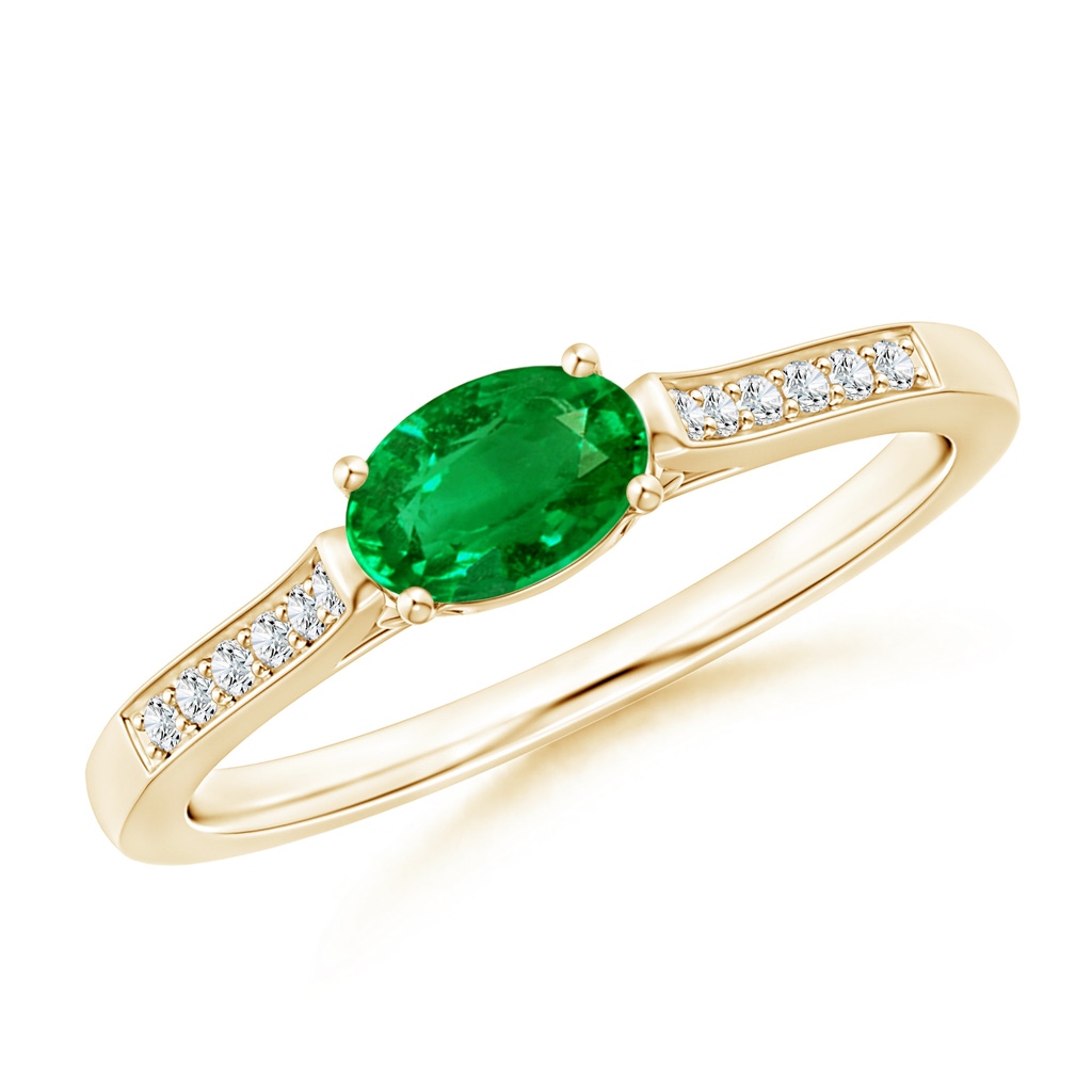 6x4mm AAAA East West Oval Emerald Solitaire Ring with Diamonds in Yellow Gold
