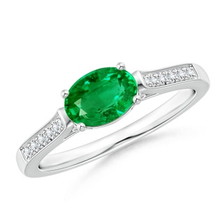 7x5mm AAA East West Oval Emerald Solitaire Ring with Diamonds in White Gold
