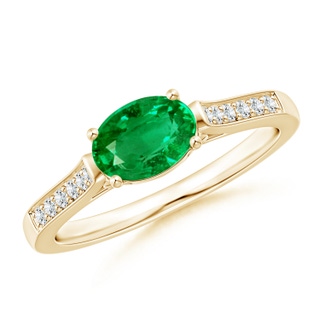 7x5mm AAA East West Oval Emerald Solitaire Ring with Diamonds in Yellow Gold