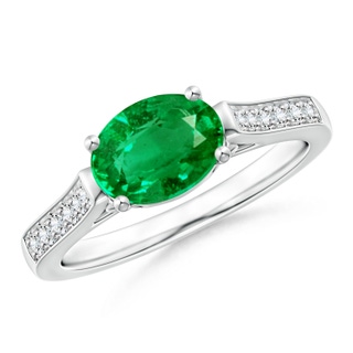8x6mm AAA East West Oval Emerald Solitaire Ring with Diamonds in White Gold