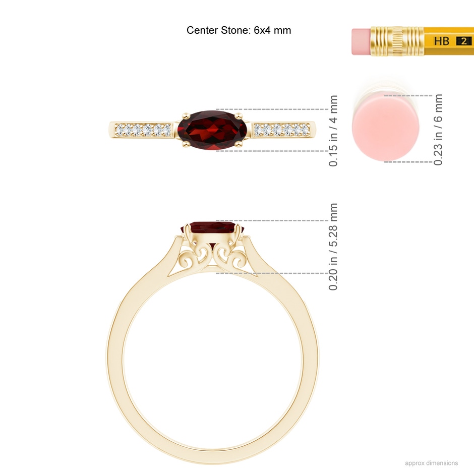 6x4mm AAA East-West Oval Garnet Solitaire Ring with Diamonds in Yellow Gold ruler