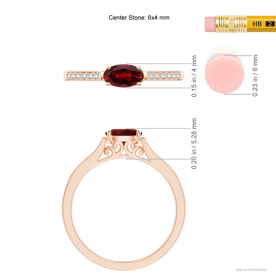 6x4mm AAAA East-West Oval Garnet Solitaire Ring with Diamonds in Rose Gold ruler