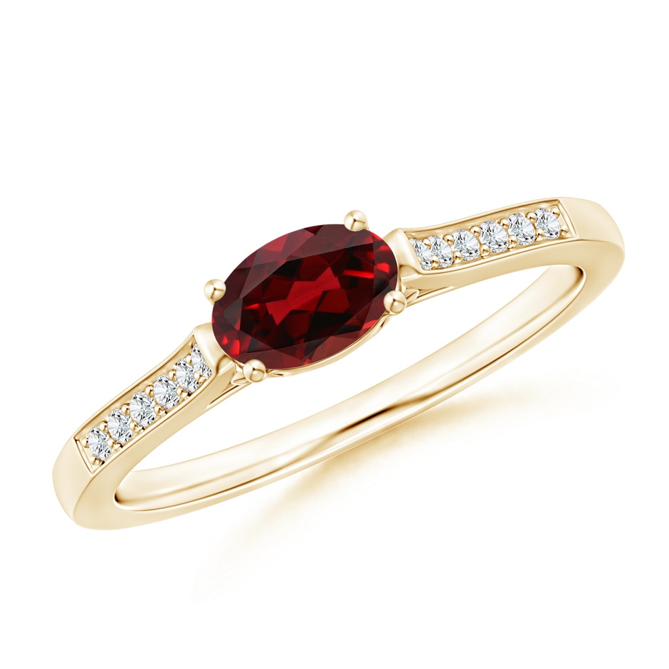 6x4mm AAAA East-West Oval Garnet Solitaire Ring with Diamonds in Yellow Gold 