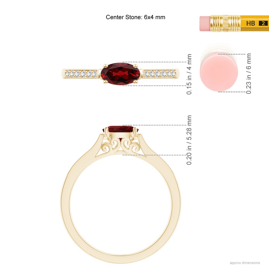 6x4mm AAAA East-West Oval Garnet Solitaire Ring with Diamonds in Yellow Gold ruler