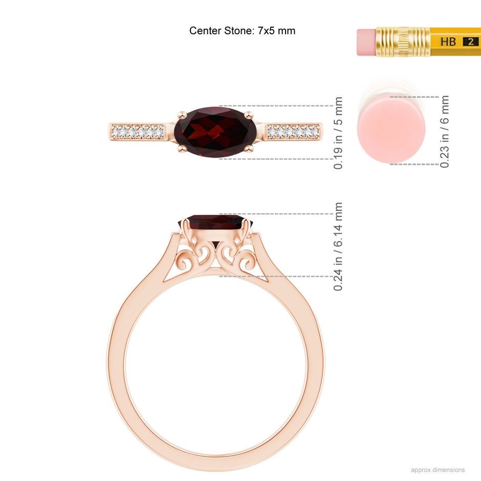 7x5mm A East-West Oval Garnet Solitaire Ring with Diamonds in Rose Gold ruler
