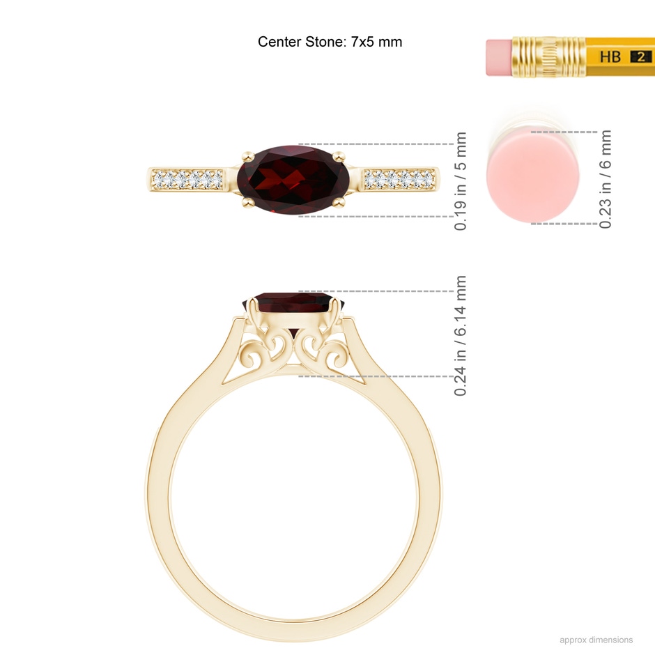 7x5mm A East-West Oval Garnet Solitaire Ring with Diamonds in Yellow Gold ruler