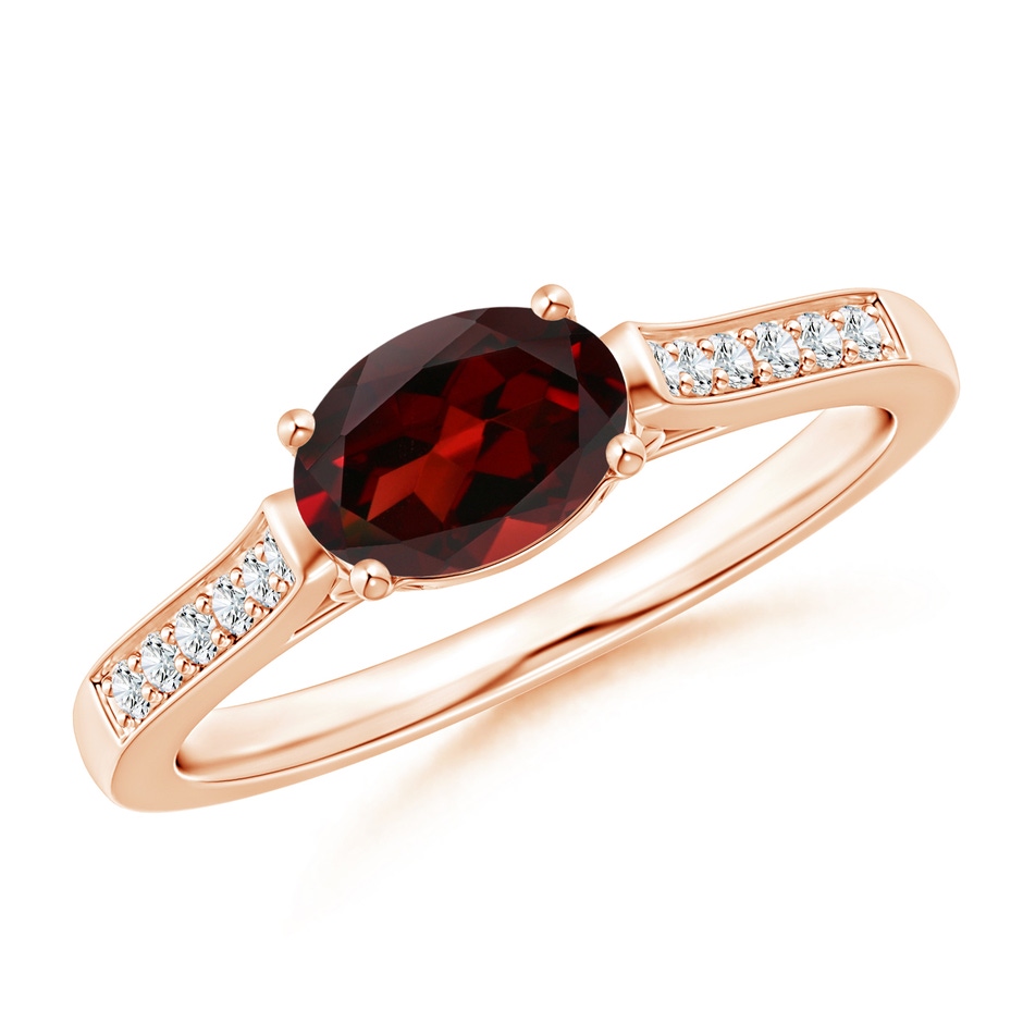 7x5mm AAA East-West Oval Garnet Solitaire Ring with Diamonds in Rose Gold 