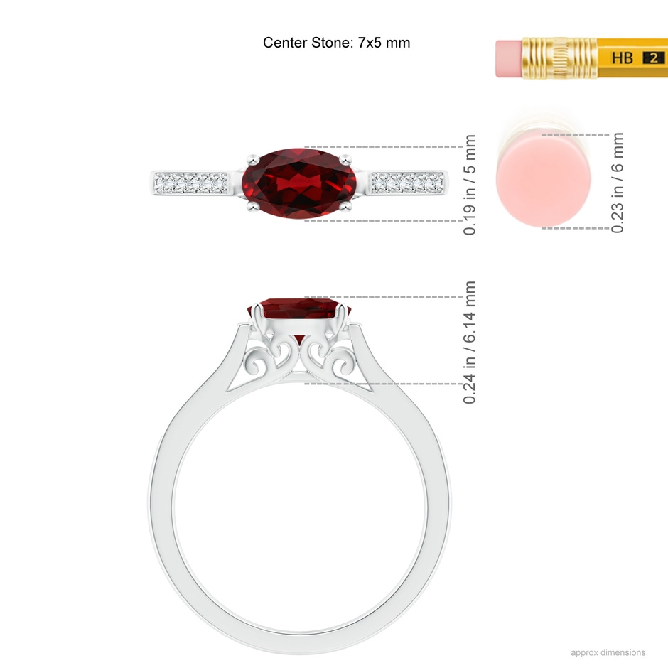 7x5mm AAAA East-West Oval Garnet Solitaire Ring with Diamonds in White Gold ruler
