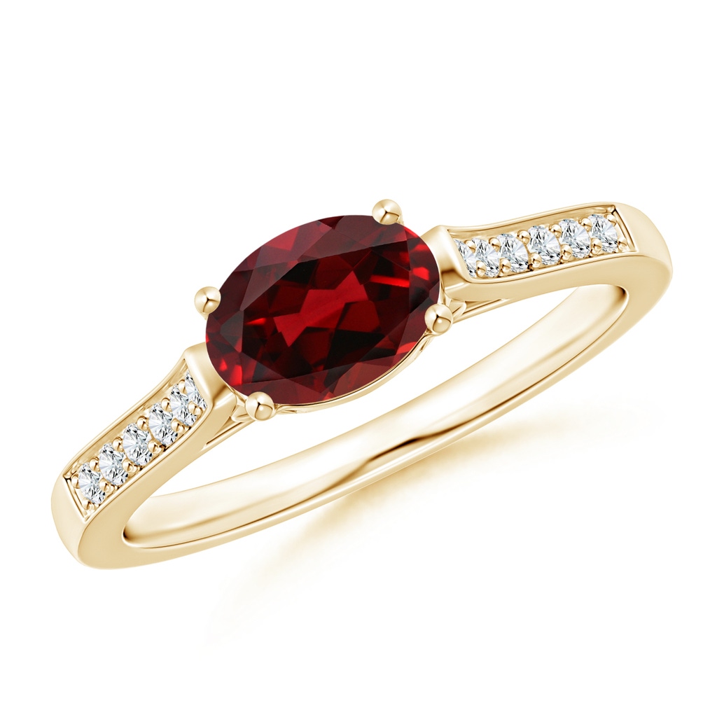 7x5mm AAAA East-West Oval Garnet Solitaire Ring with Diamonds in Yellow Gold