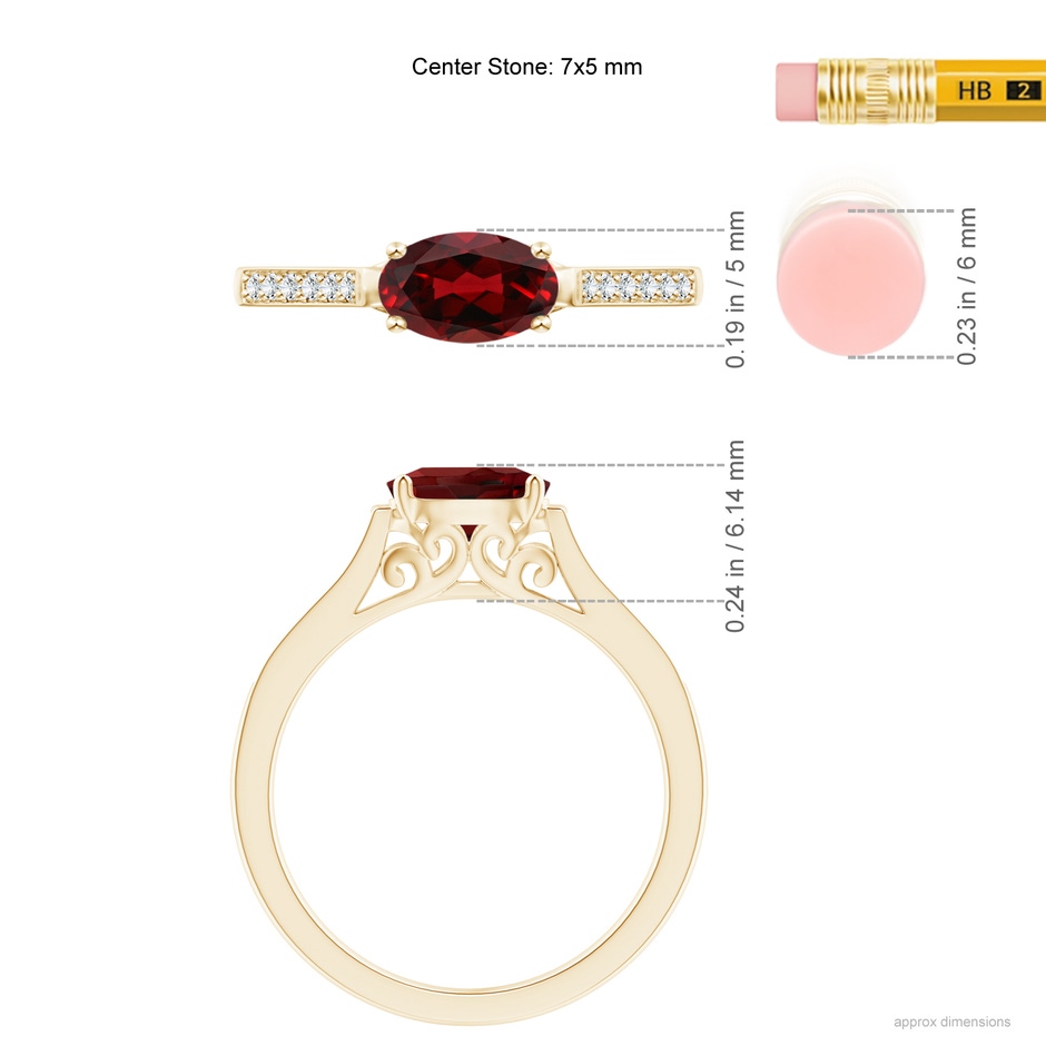 7x5mm AAAA East-West Oval Garnet Solitaire Ring with Diamonds in Yellow Gold ruler