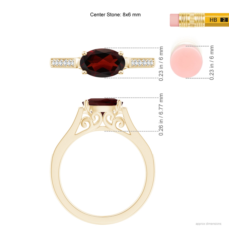 8x6mm AA East-West Oval Garnet Solitaire Ring with Diamonds in Yellow Gold ruler