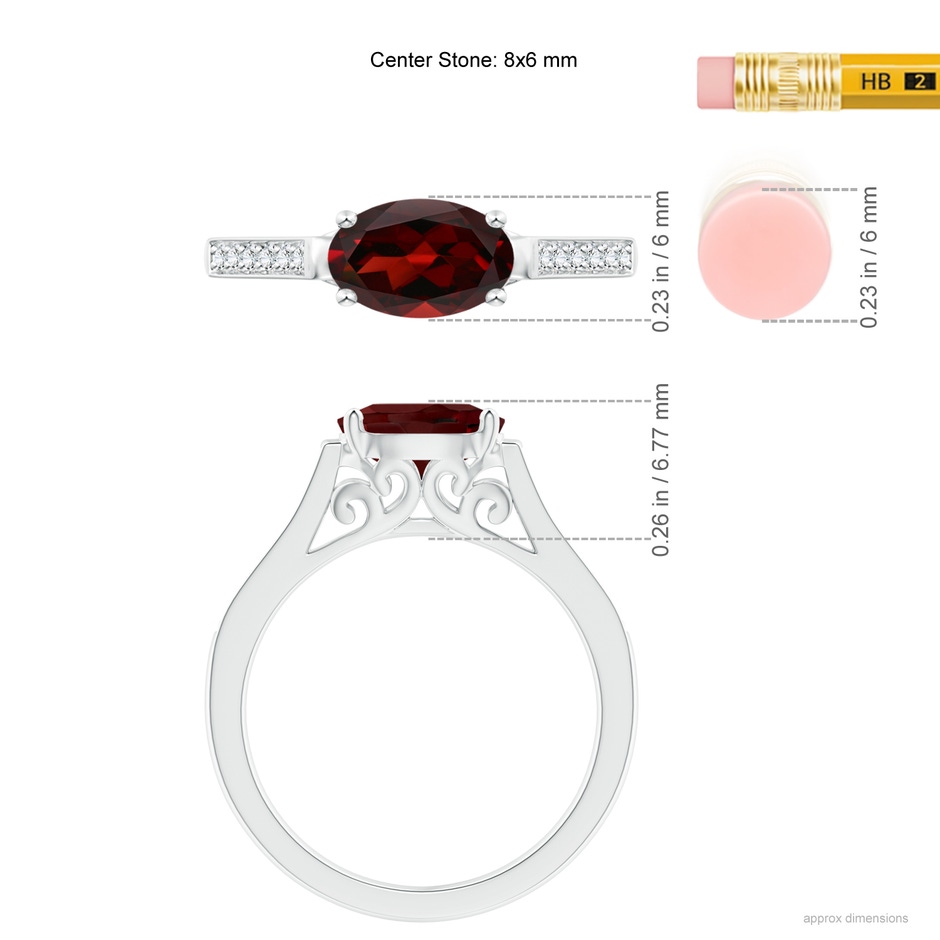 8x6mm AAA East-West Oval Garnet Solitaire Ring with Diamonds in White Gold ruler