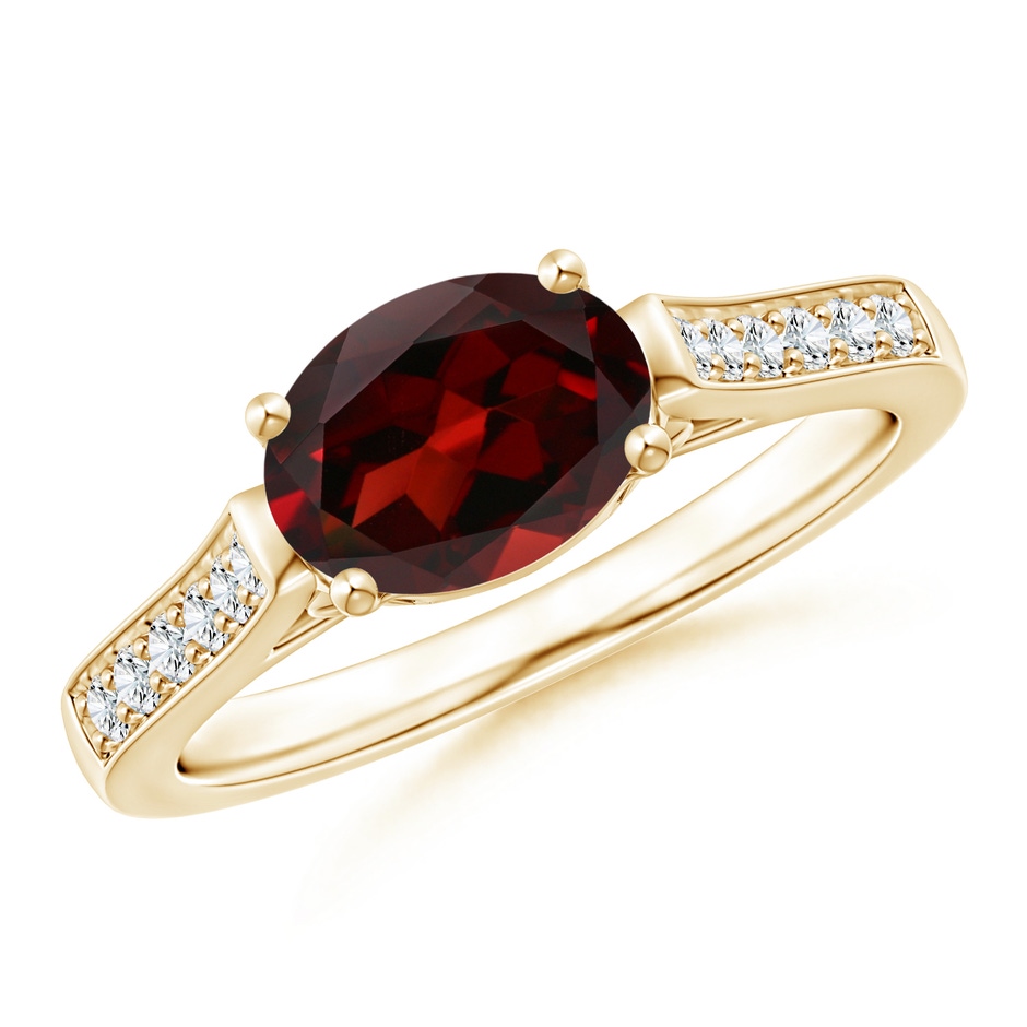 8x6mm AAA East-West Oval Garnet Solitaire Ring with Diamonds in Yellow Gold 