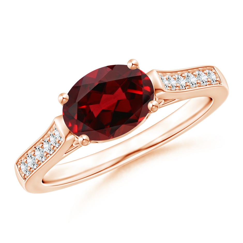 8x6mm AAAA East-West Oval Garnet Solitaire Ring with Diamonds in Rose Gold 