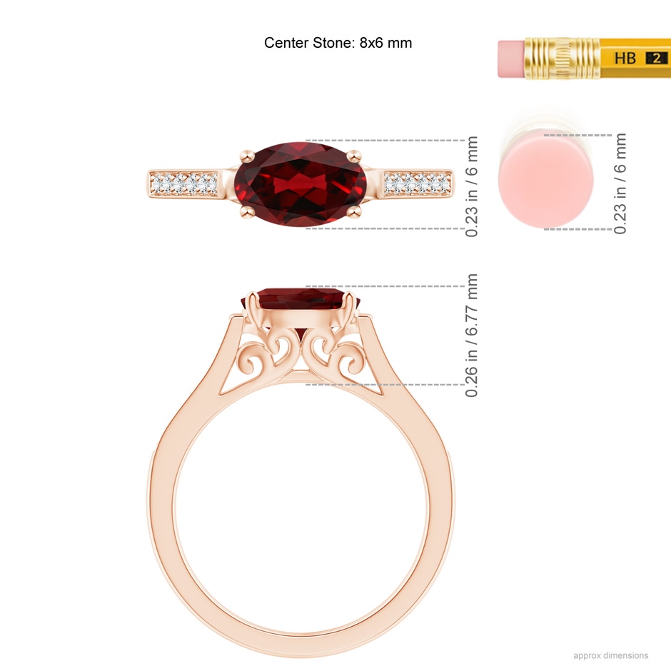 8x6mm AAAA East-West Oval Garnet Solitaire Ring with Diamonds in Rose Gold ruler
