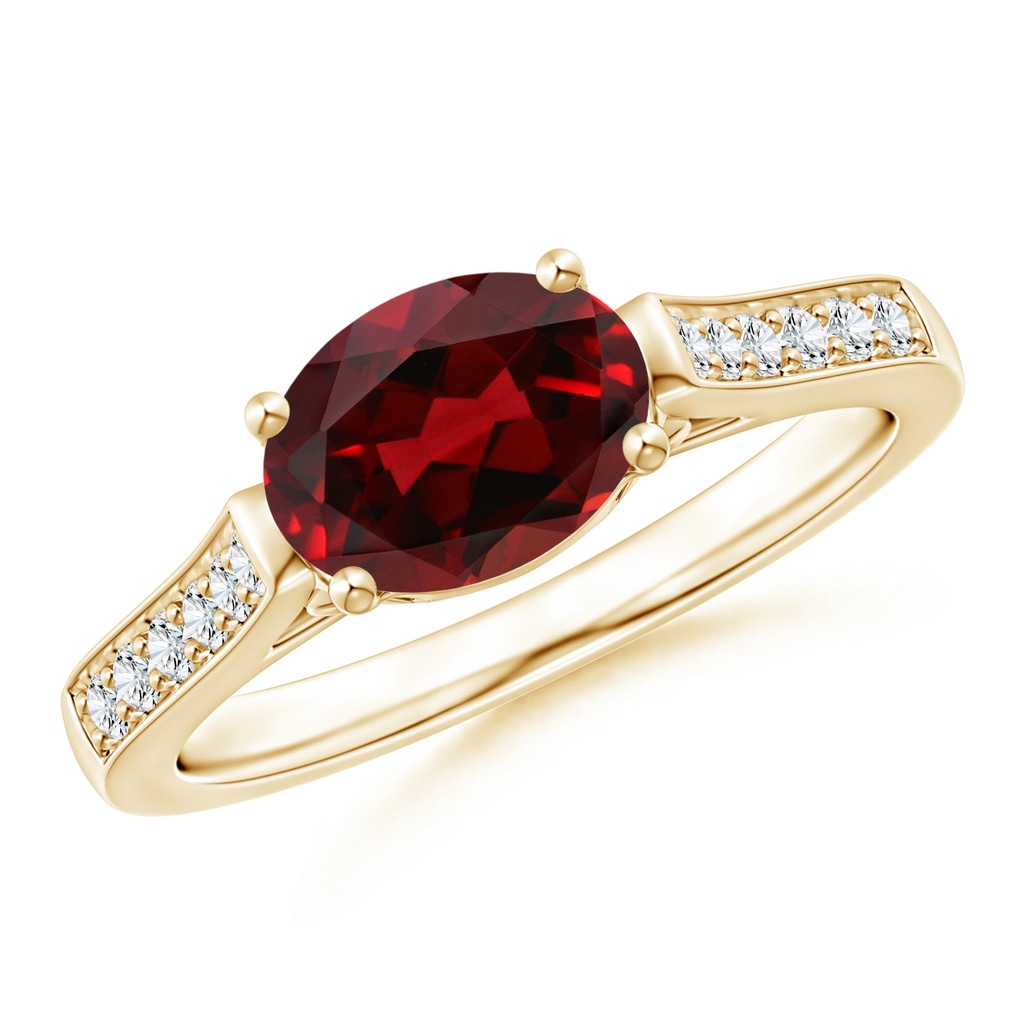 8x6mm AAAA East-West Oval Garnet Solitaire Ring with Diamonds in Yellow Gold