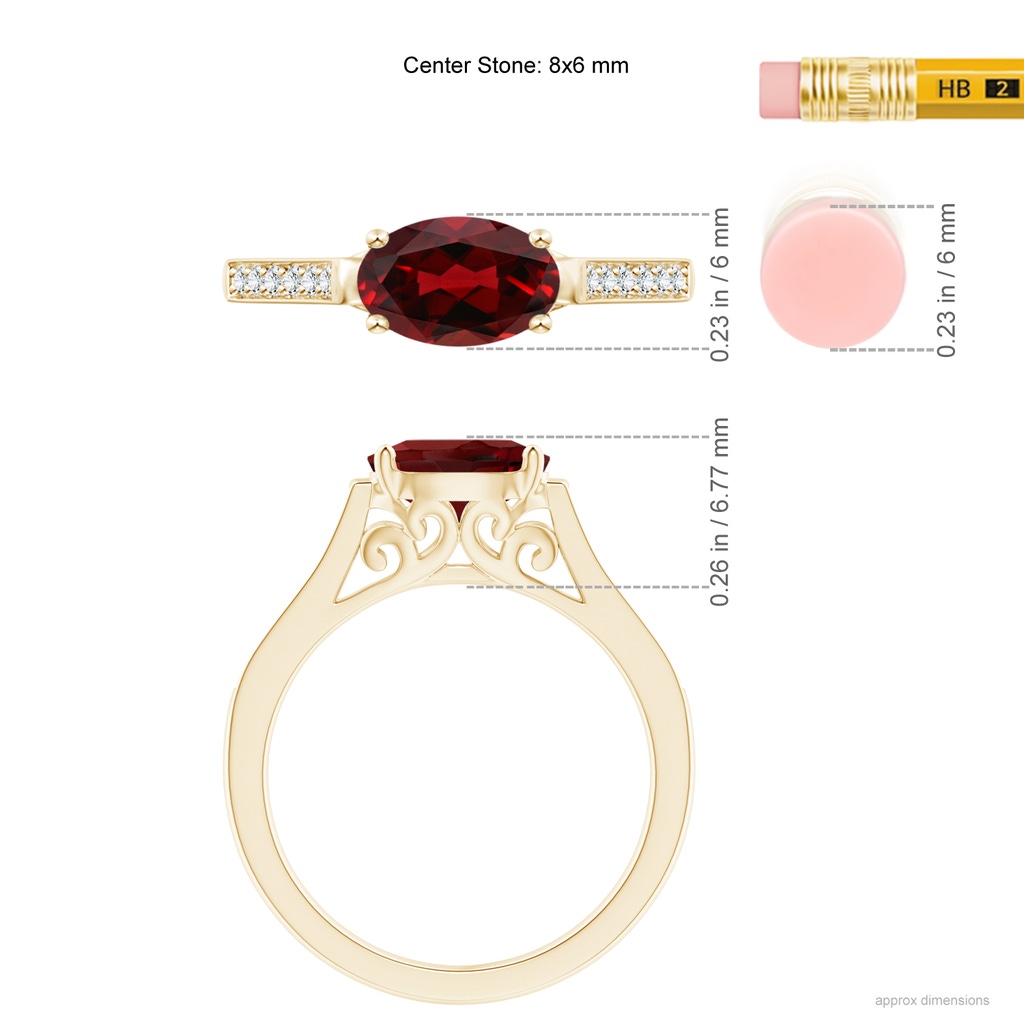 8x6mm AAAA East-West Oval Garnet Solitaire Ring with Diamonds in Yellow Gold Ruler