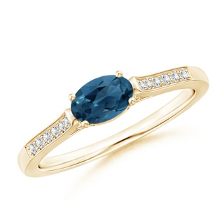 6x4mm AA East-West Oval London Blue Topaz Solitaire Ring with Diamonds in 9K Yellow Gold