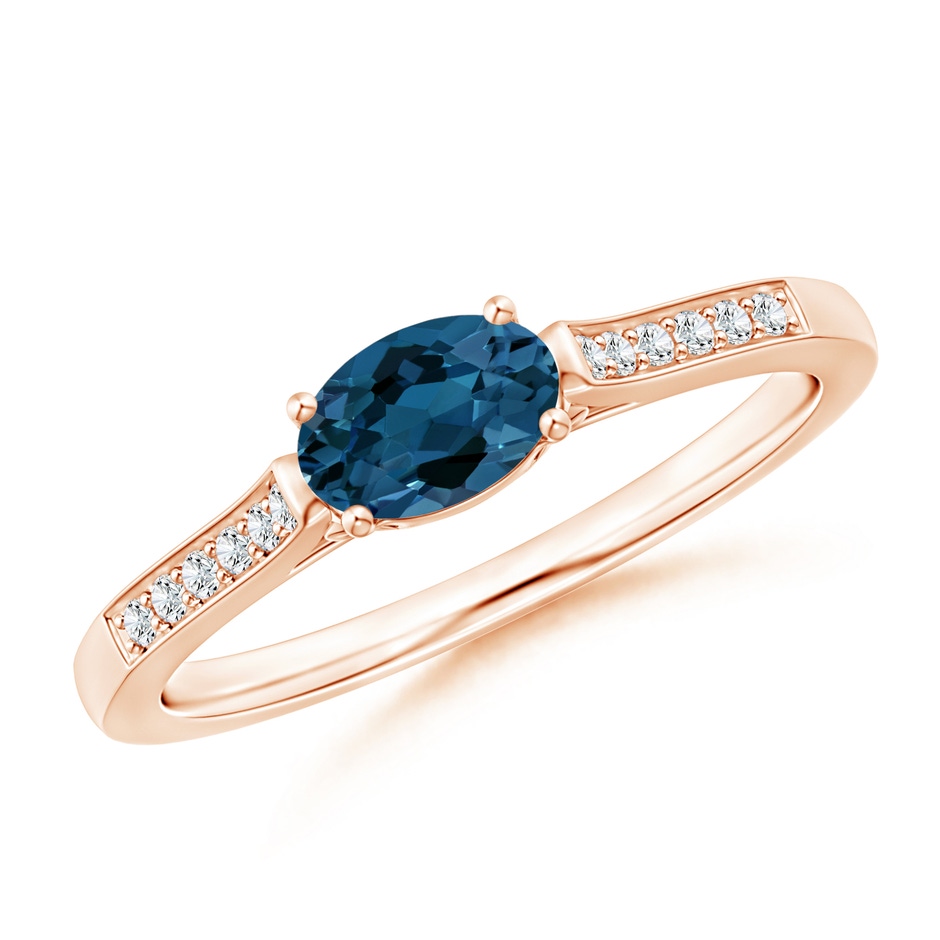 6x4mm AAA East-West Oval London Blue Topaz Solitaire Ring with Diamonds in Rose Gold 
