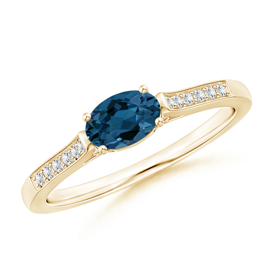 6x4mm AAA East-West Oval London Blue Topaz Solitaire Ring with Diamonds in Yellow Gold 