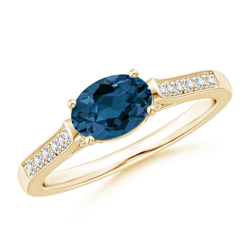 7x5mm AAA East-West Oval London Blue Topaz Solitaire Ring with Diamonds in Yellow Gold 