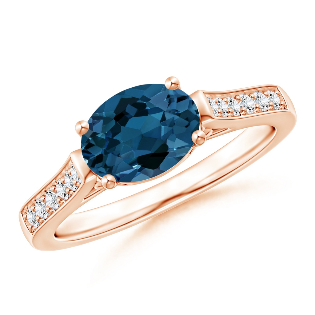 8x6mm AAA East-West Oval London Blue Topaz Solitaire Ring with Diamonds in Rose Gold