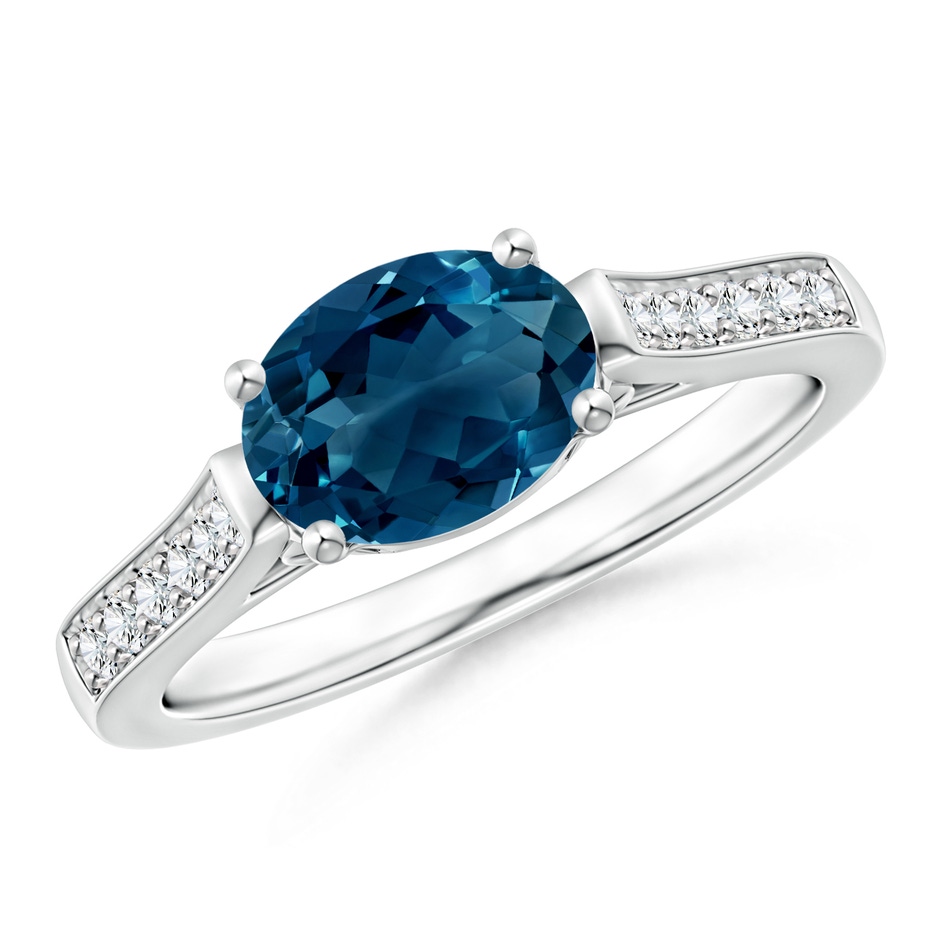 8x6mm AAAA East-West Oval London Blue Topaz Solitaire Ring with Diamonds in White Gold 