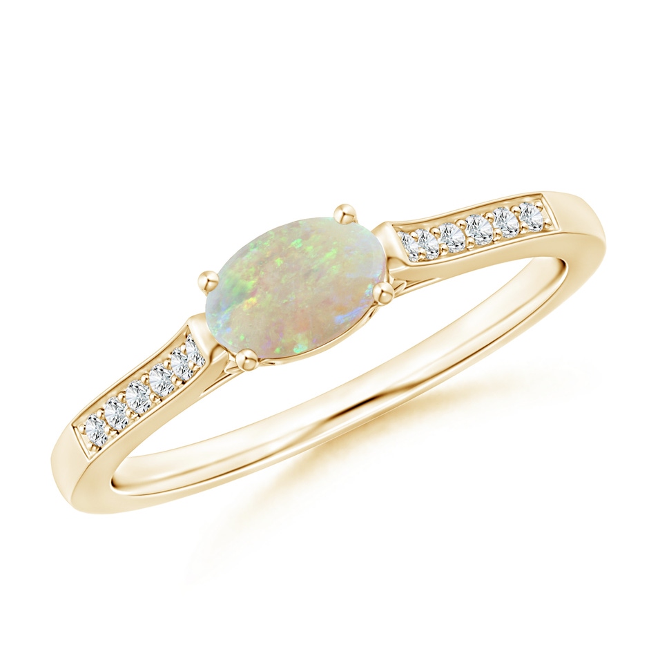 6x4mm AAA East-West Oval Opal Solitaire Ring with Diamonds in Yellow Gold 