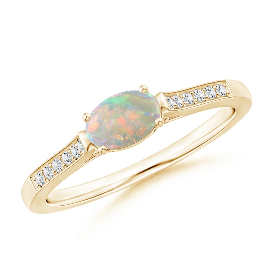 6x4mm AAAA East-West Oval Opal Solitaire Ring with Diamonds in Yellow Gold 