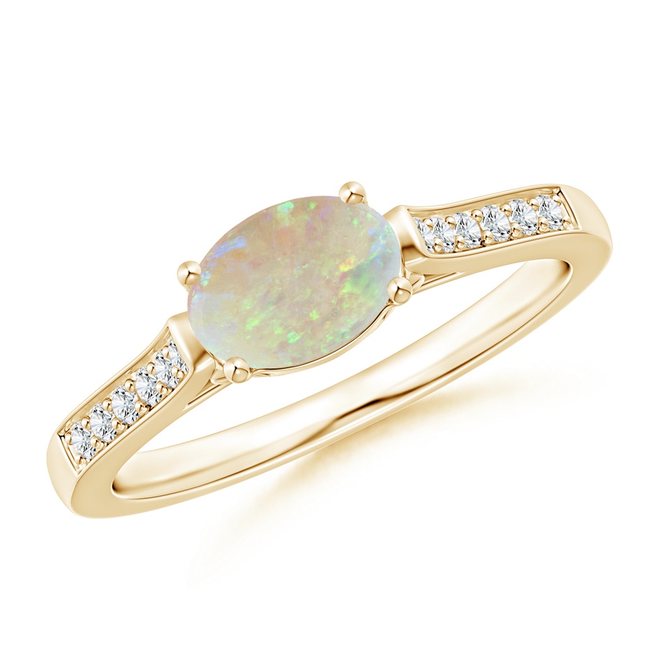 7x5mm AAA East-West Oval Opal Solitaire Ring with Diamonds in Yellow Gold 