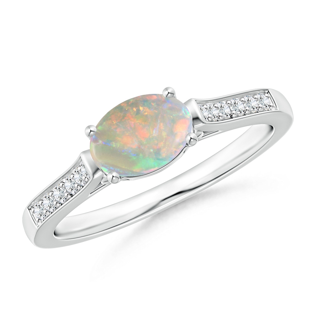 7x5mm AAAA East-West Oval Opal Solitaire Ring with Diamonds in White Gold
