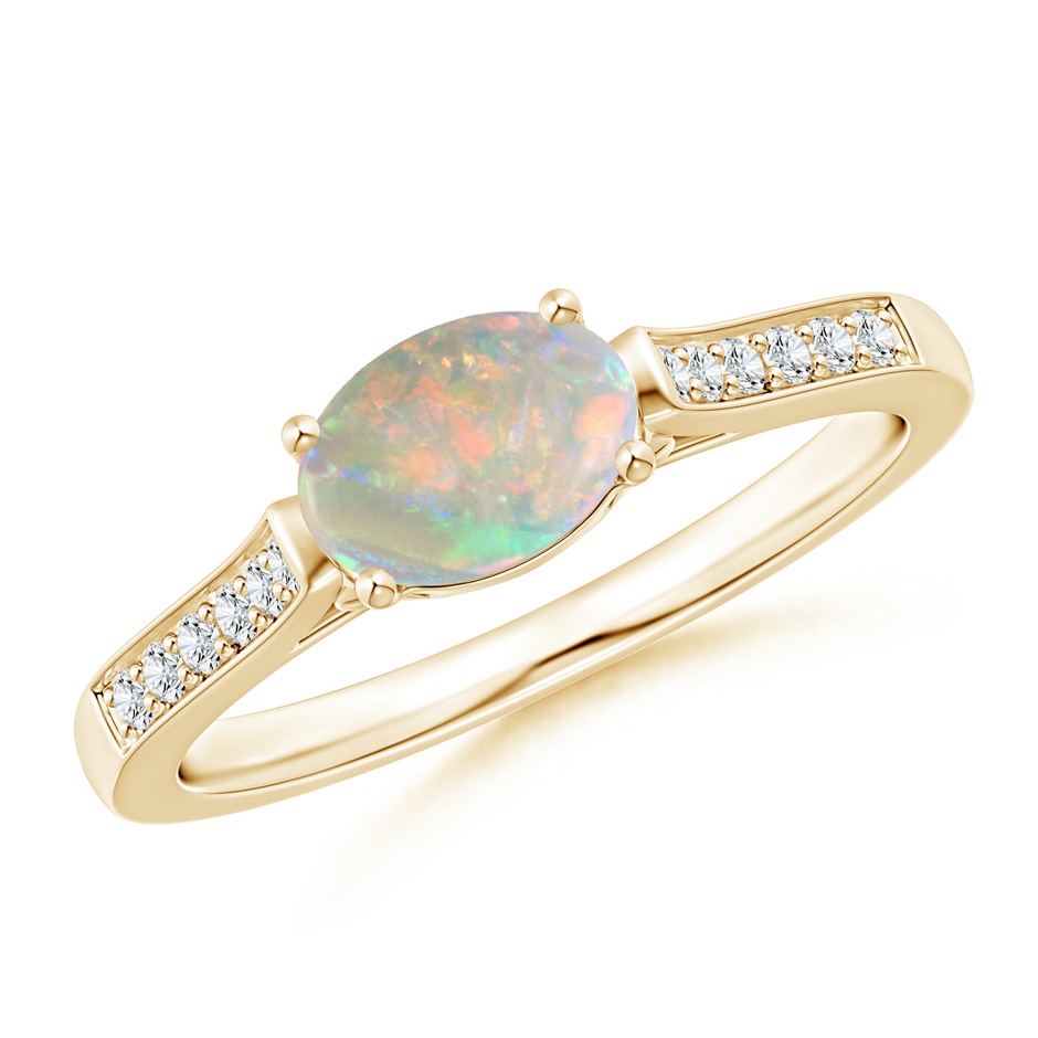 7x5mm AAAA East-West Oval Opal Solitaire Ring with Diamonds in Yellow Gold 