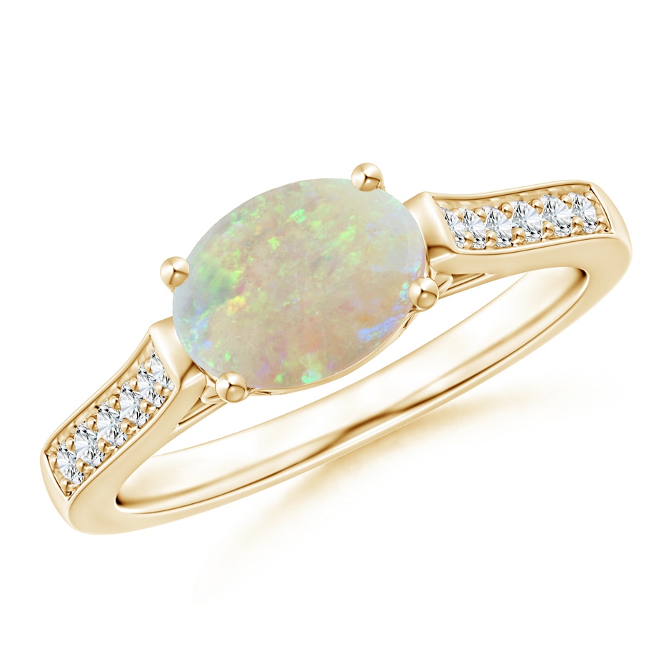 8x6mm AAA East-West Oval Opal Solitaire Ring with Diamonds in Yellow Gold 