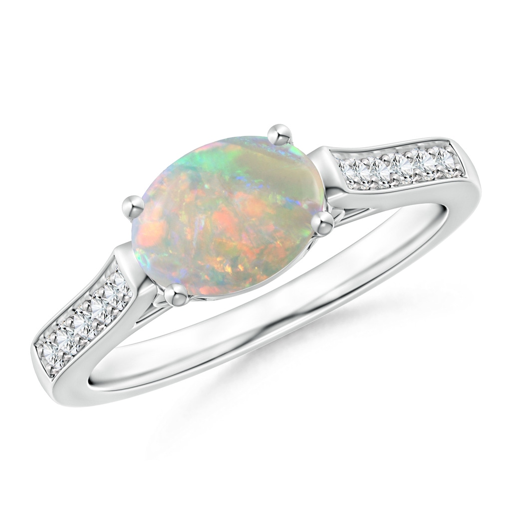 8x6mm AAAA East-West Oval Opal Solitaire Ring with Diamonds in White Gold 