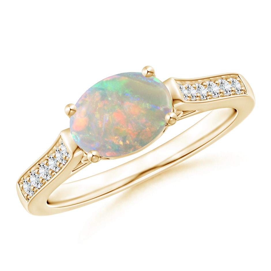8x6mm AAAA East-West Oval Opal Solitaire Ring with Diamonds in Yellow Gold 
