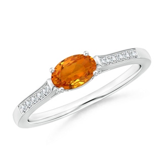 6x4mm AAA East West Oval Orange Sapphire Solitaire Ring with Diamonds in White Gold