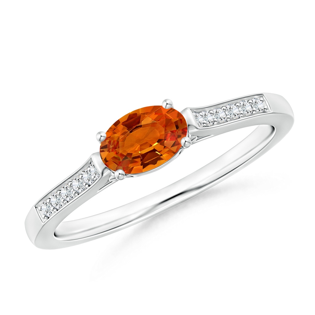 6x4mm AAAA East West Oval Orange Sapphire Solitaire Ring with Diamonds in White Gold