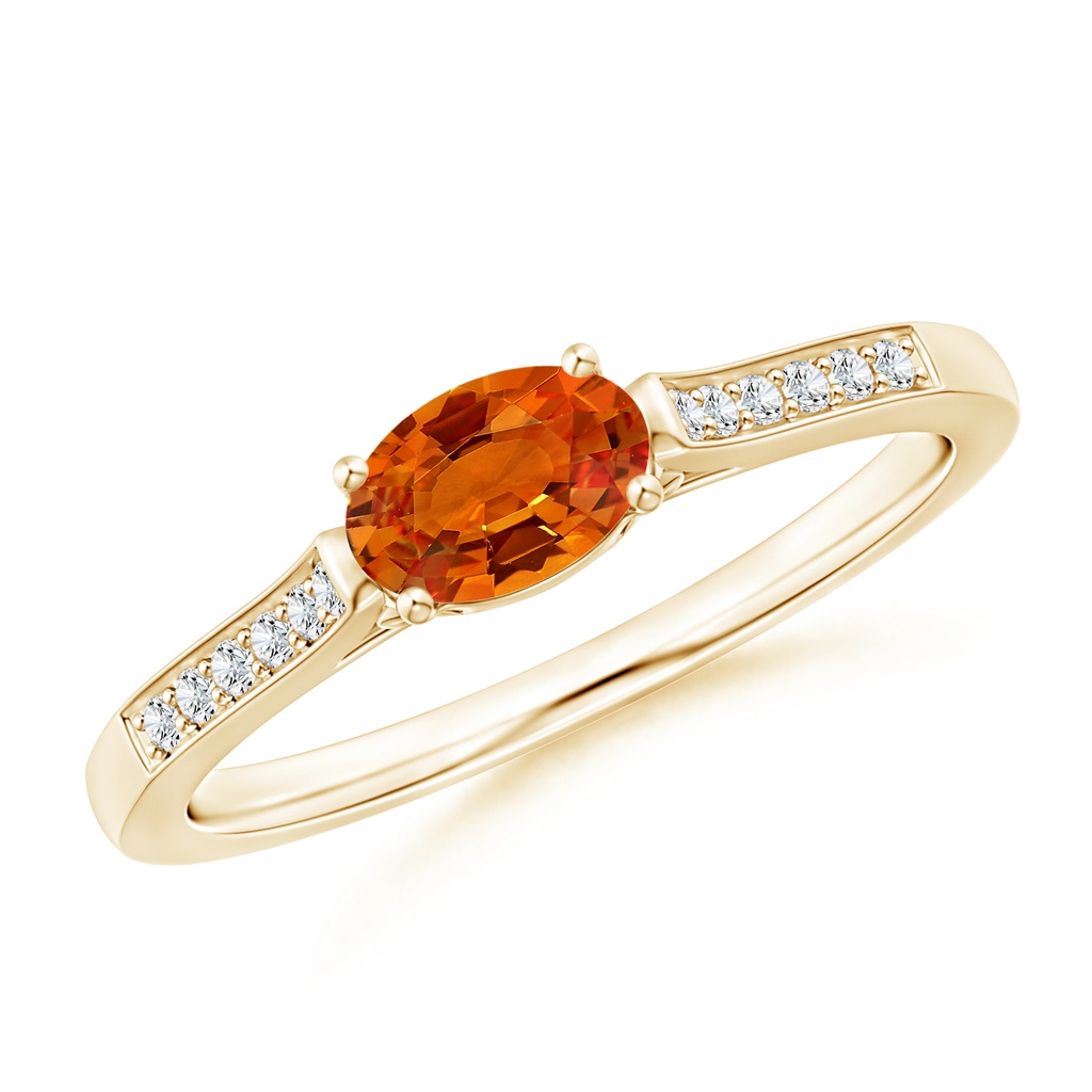 6x4mm AAAA East West Oval Orange Sapphire Solitaire Ring with Diamonds in Yellow Gold