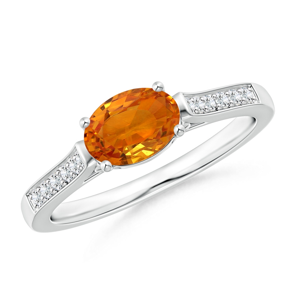 7x5mm AAA East West Oval Orange Sapphire Solitaire Ring with Diamonds in White Gold 