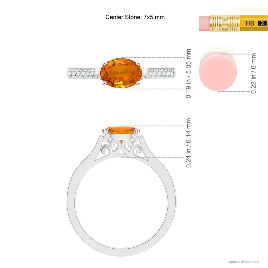 7x5mm AAA East West Oval Orange Sapphire Solitaire Ring with Diamonds in White Gold ruler