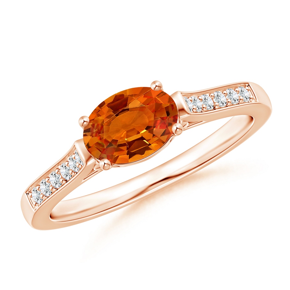 7x5mm AAAA East West Oval Orange Sapphire Solitaire Ring with Diamonds in Rose Gold 