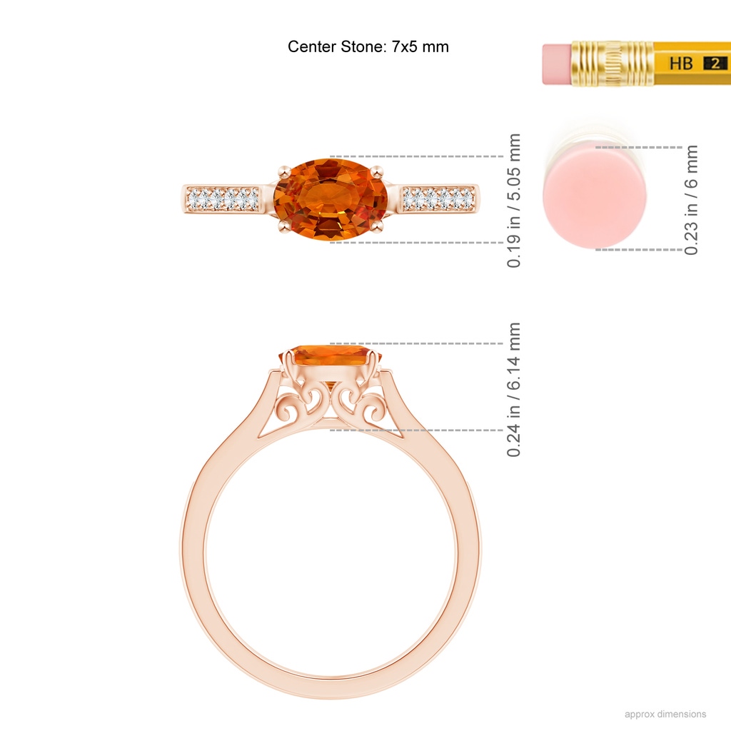 7x5mm AAAA East West Oval Orange Sapphire Solitaire Ring with Diamonds in Rose Gold Ruler