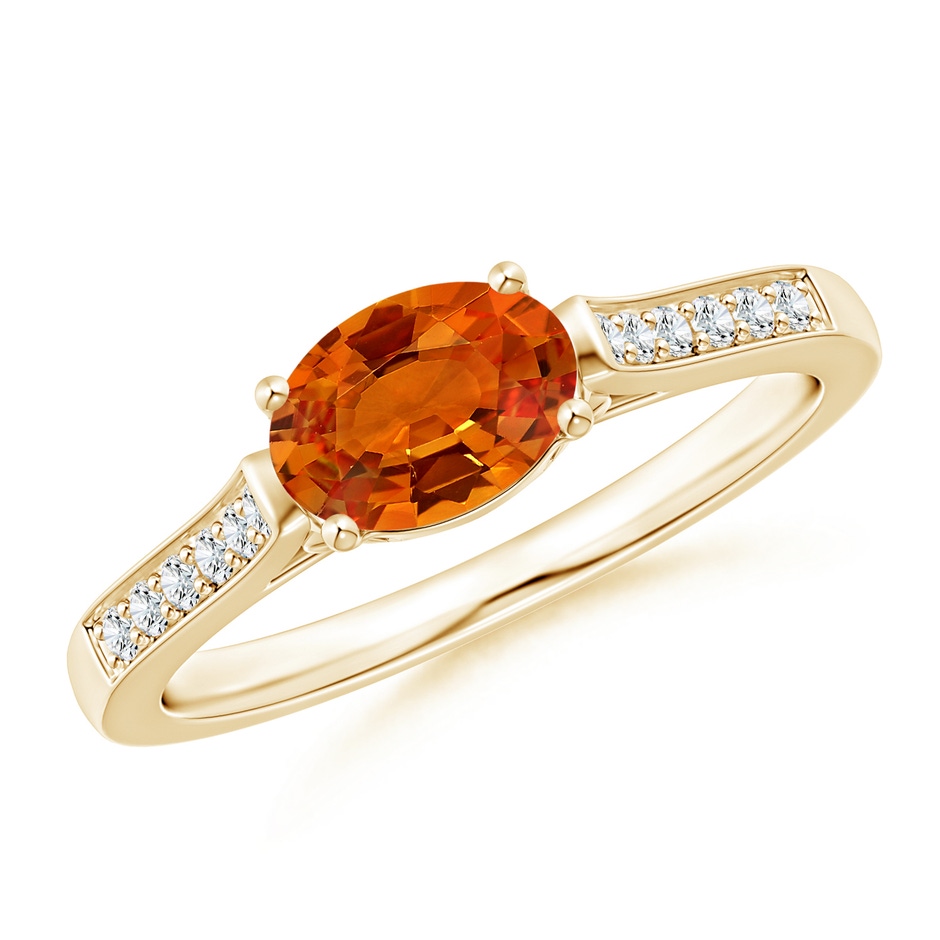 7x5mm AAAA East West Oval Orange Sapphire Solitaire Ring with Diamonds in Yellow Gold 