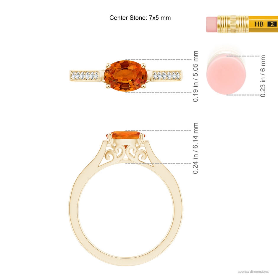 7x5mm AAAA East West Oval Orange Sapphire Solitaire Ring with Diamonds in Yellow Gold ruler
