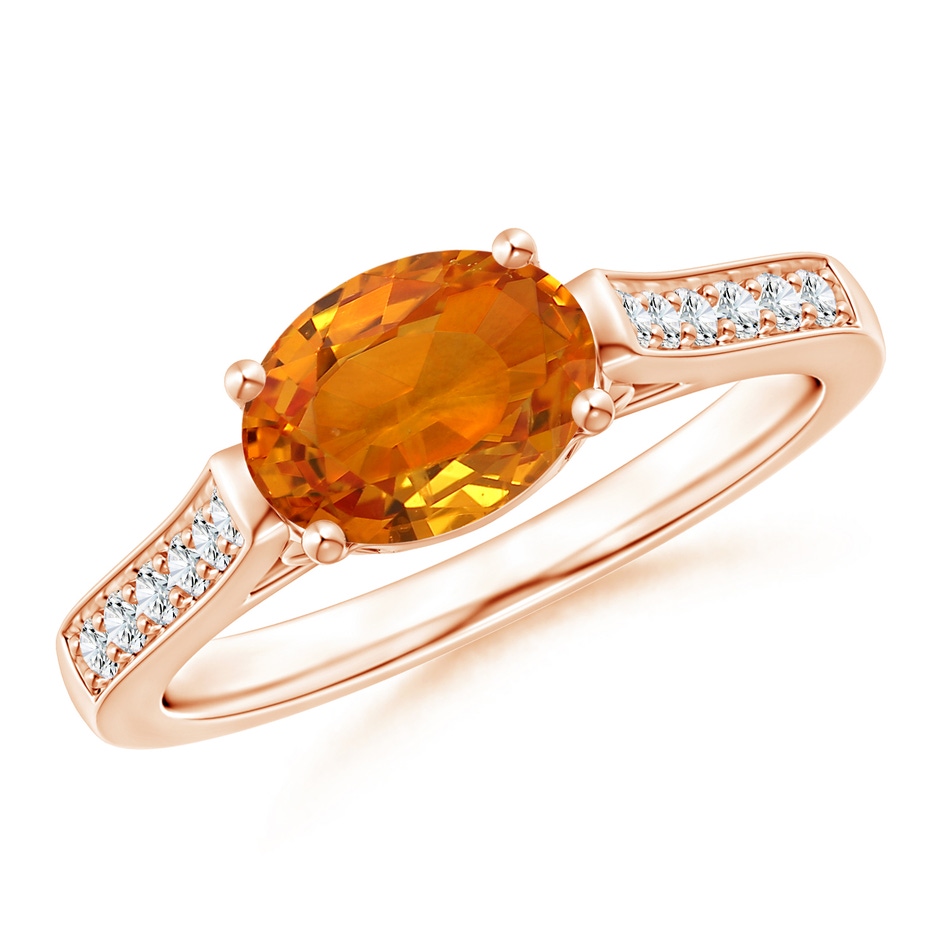 8x6mm AAA East West Oval Orange Sapphire Solitaire Ring with Diamonds in Rose Gold 