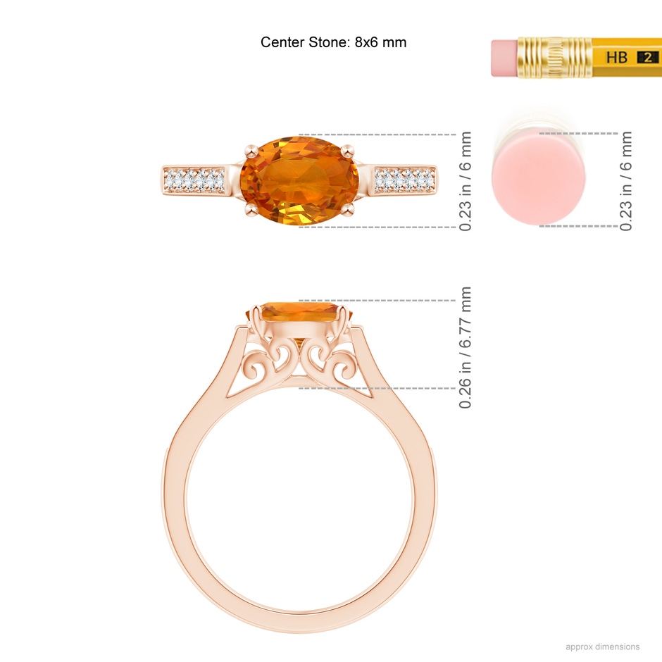 8x6mm AAA East West Oval Orange Sapphire Solitaire Ring with Diamonds in Rose Gold ruler