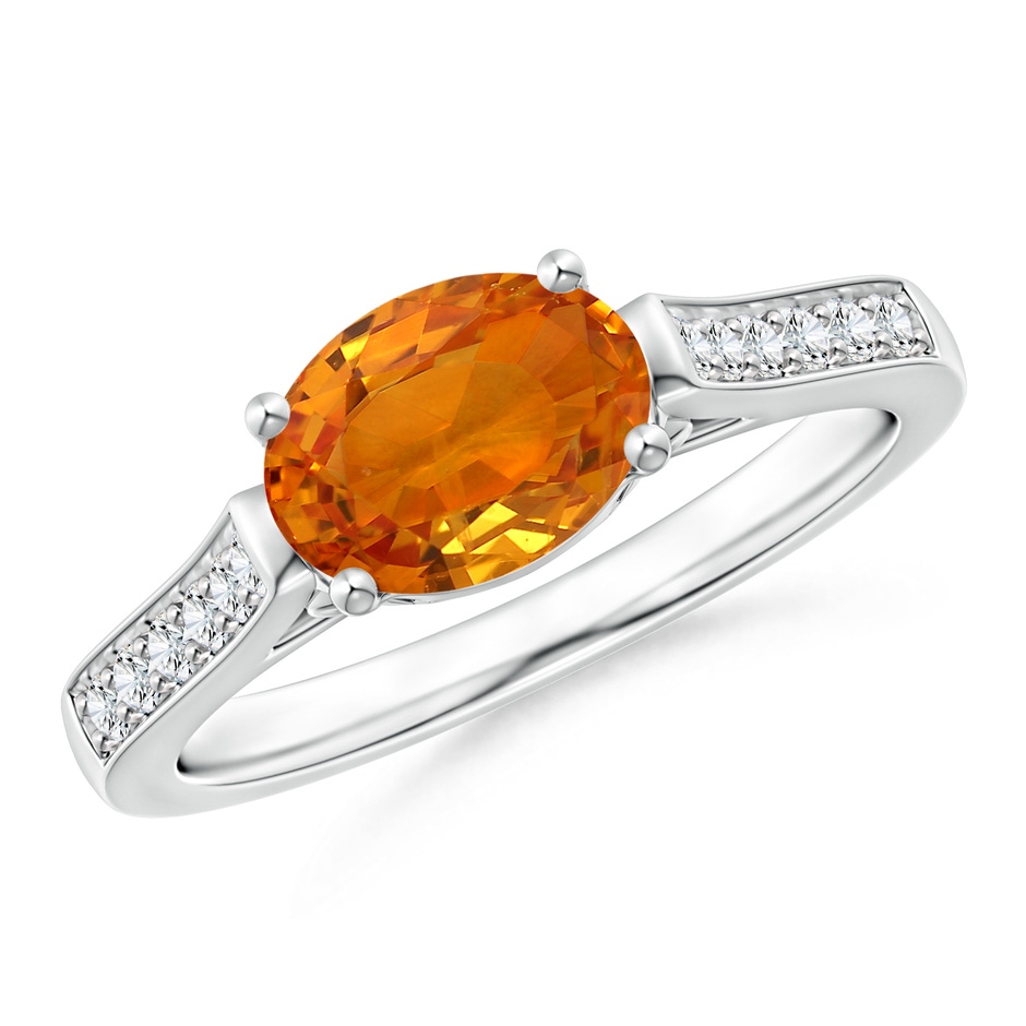 8x6mm AAA East West Oval Orange Sapphire Solitaire Ring with Diamonds in White Gold 
