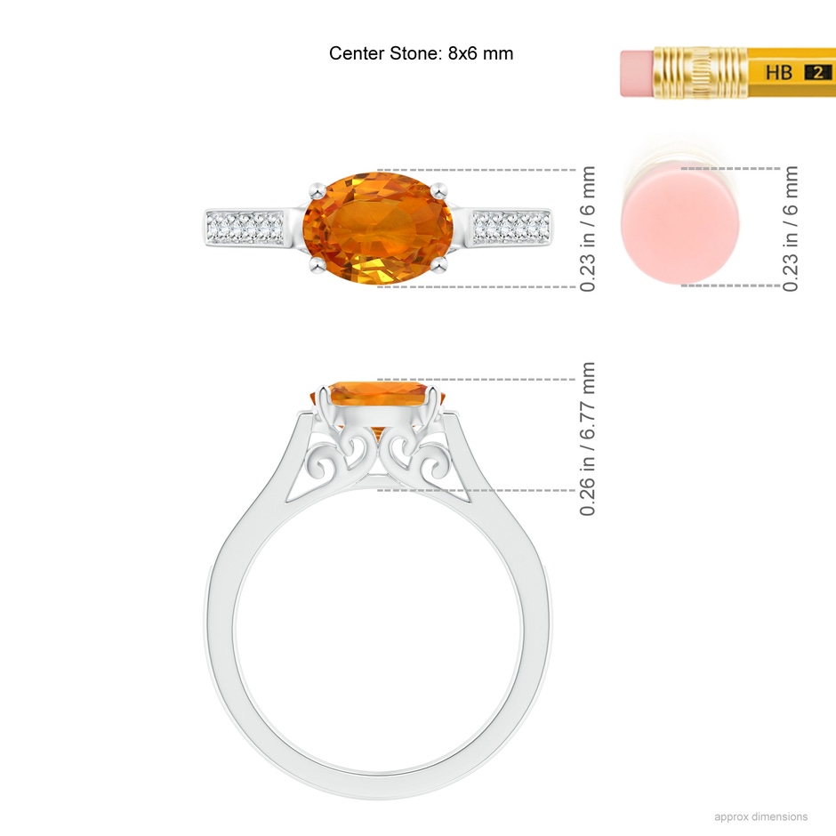 8x6mm AAA East West Oval Orange Sapphire Solitaire Ring with Diamonds in White Gold ruler