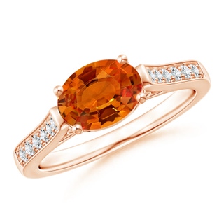 8x6mm AAAA East West Oval Orange Sapphire Solitaire Ring with Diamonds in Rose Gold